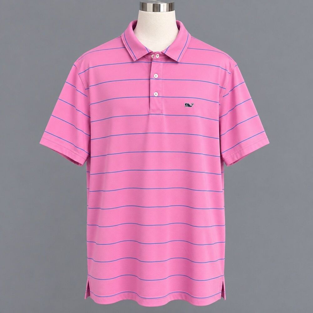 Vineyard Vines Men’s Performance Blue And Pink Striped Golf Polo Size Large